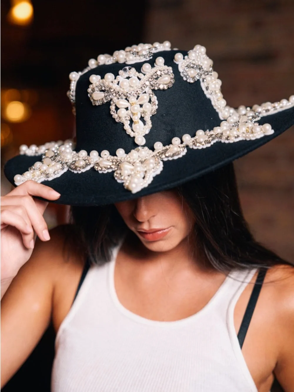 AKIRA Black Wide-Brim Pearl-Embellished Hat - Picture 2 of 4